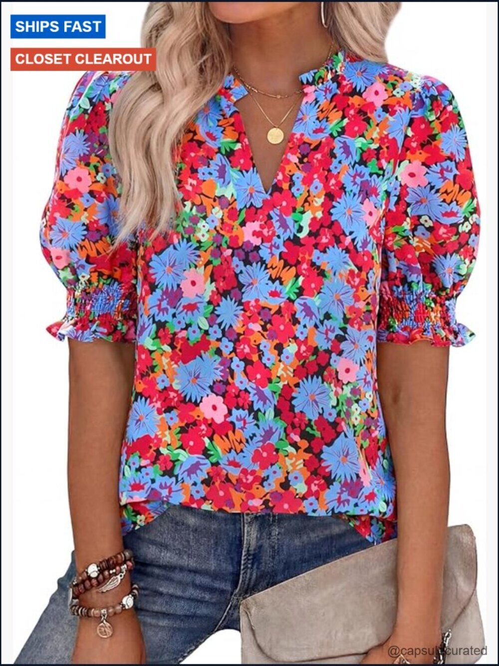Women's Floral Boho V-Neck Puff Sleeve Blouse Top Shirt Summer